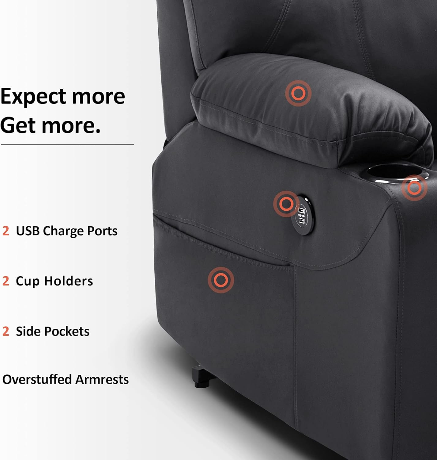 Electric Power Lift Recliner Chair Sofa with Massage and Heat for Elderly, 3 Positions, 2 Side Pockets, and Cup Holders, USB Ports, Faux Leather 7040 (Medium, Black)