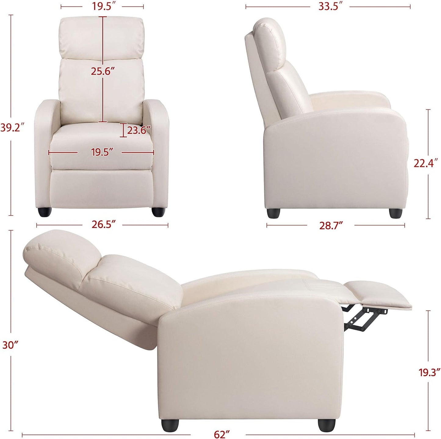 Recliner Chair PU Leather Recliner Sofa Home Theater Seating Adjustable Modern Single Reclining Chair Sofa with Pocket Spring Living Room Bedroom Beige