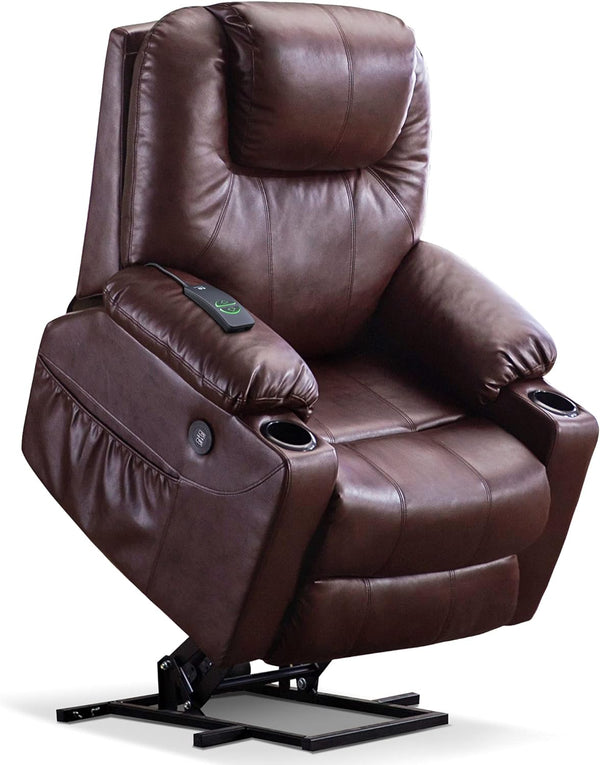 Electric Power Lift Recliner Chair Sofa with Massage and Heat for Elderly, 3 Positions, 2 Side Pockets, and Cup Holders, USB Ports, Faux Leather 7040 (Medium, Dark Brown)