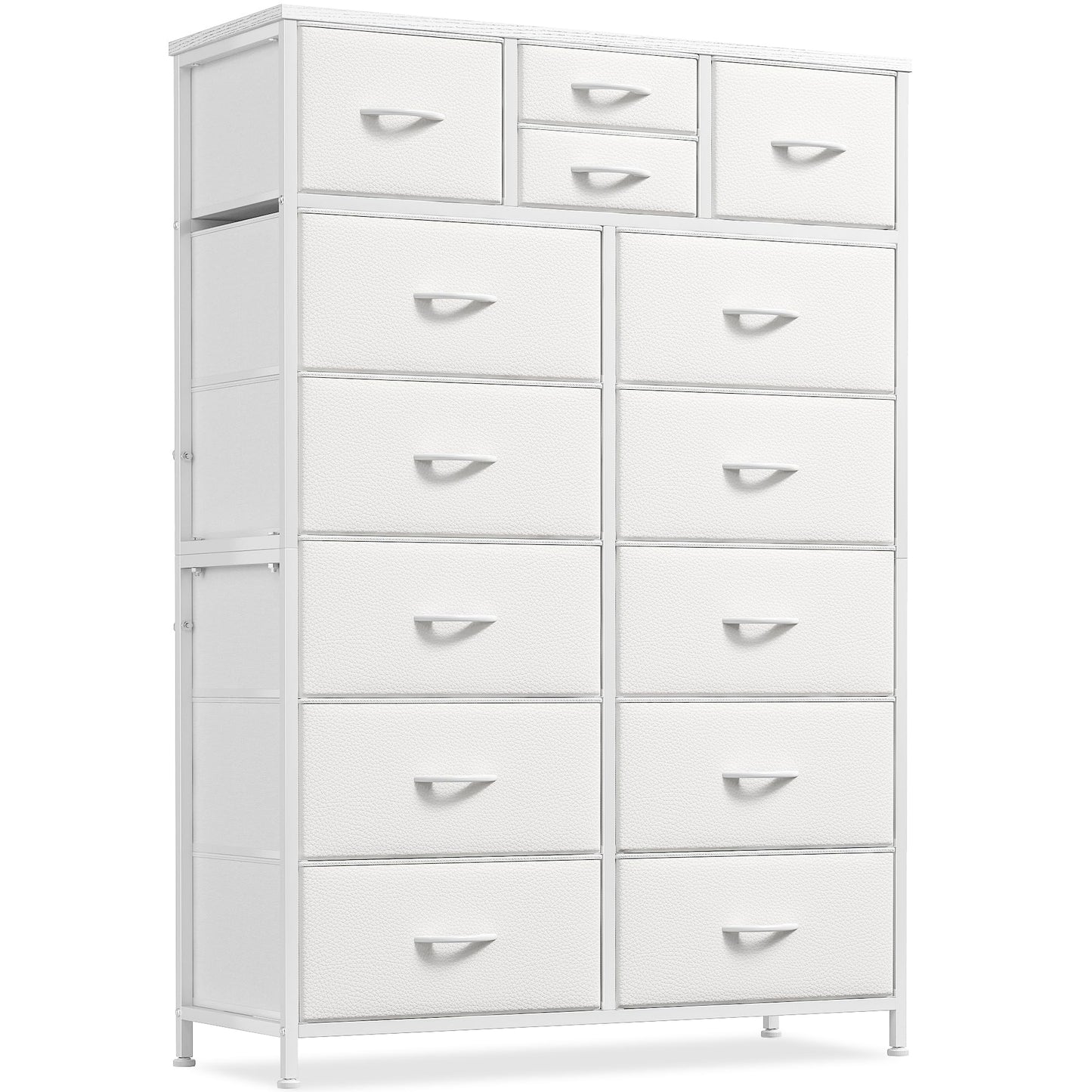 Hana Exports White Dresser for Bedroom with 14 Drawers, Tall Dressers for Bedroom with Wooden Top and Metal Frame, Large Fabric Bedroom Dressers & Chest of Drawers for Bedroom, Closet, Livingroom, White