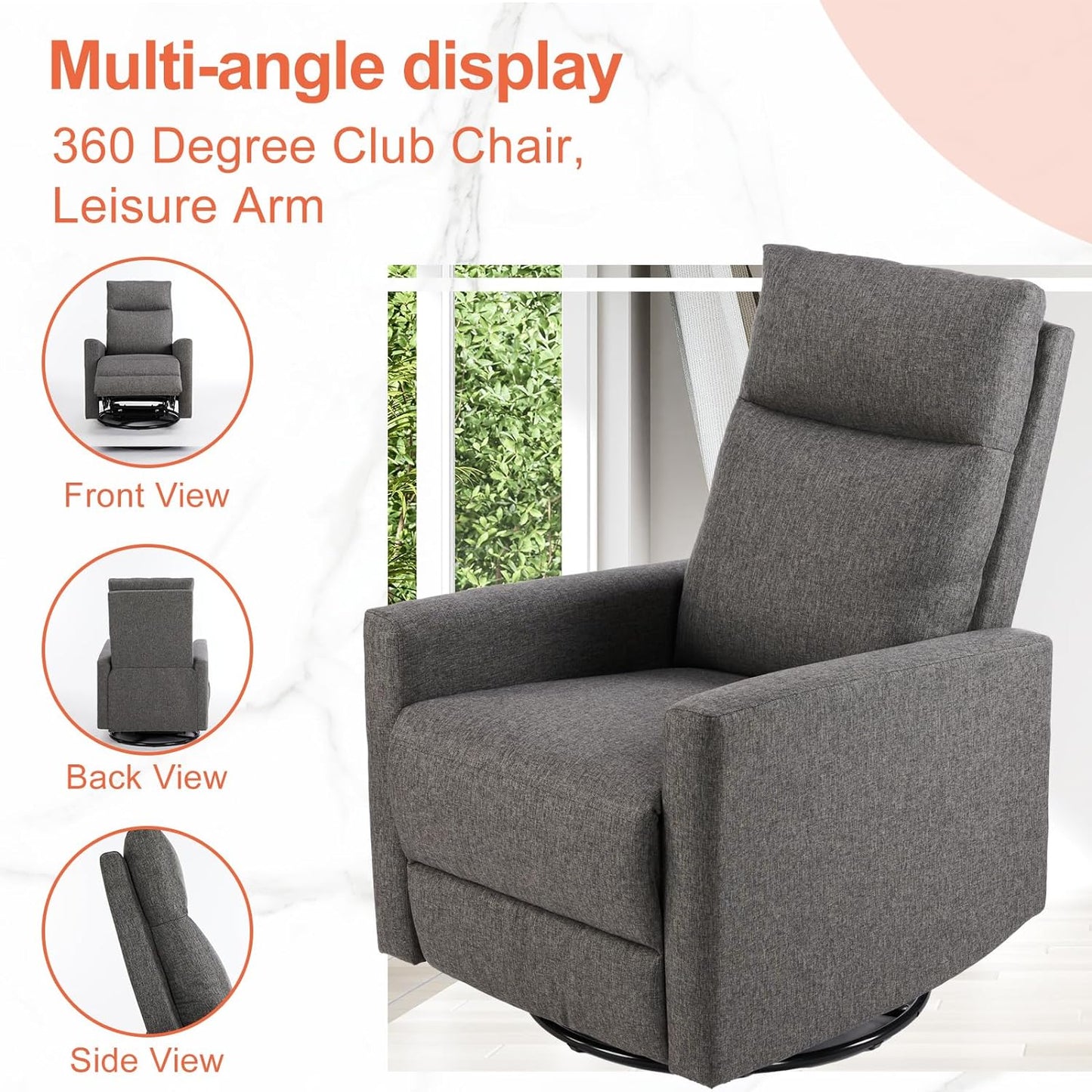 Swivel Rocking, Glider Rocker Recliner, Nursery Chair with Extra Large Footrest for Living Room, High Back, Upholstered Seat (Deep Gray)