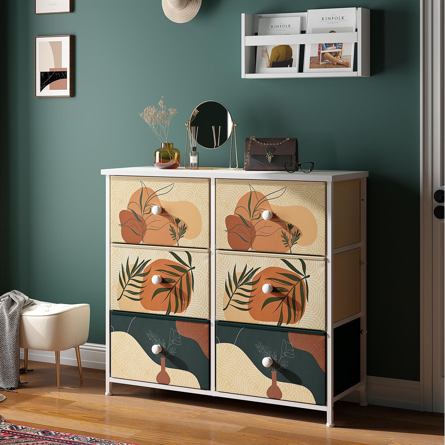 Hana Exports Dresser, Dresser for Bedroom with 9 Drawers, Large Dressers & Chest of Drawers Fabric Dresser for Bedroom Boho Storage Drawers Dressers for Closet, Kids, Wooden Top, Printed