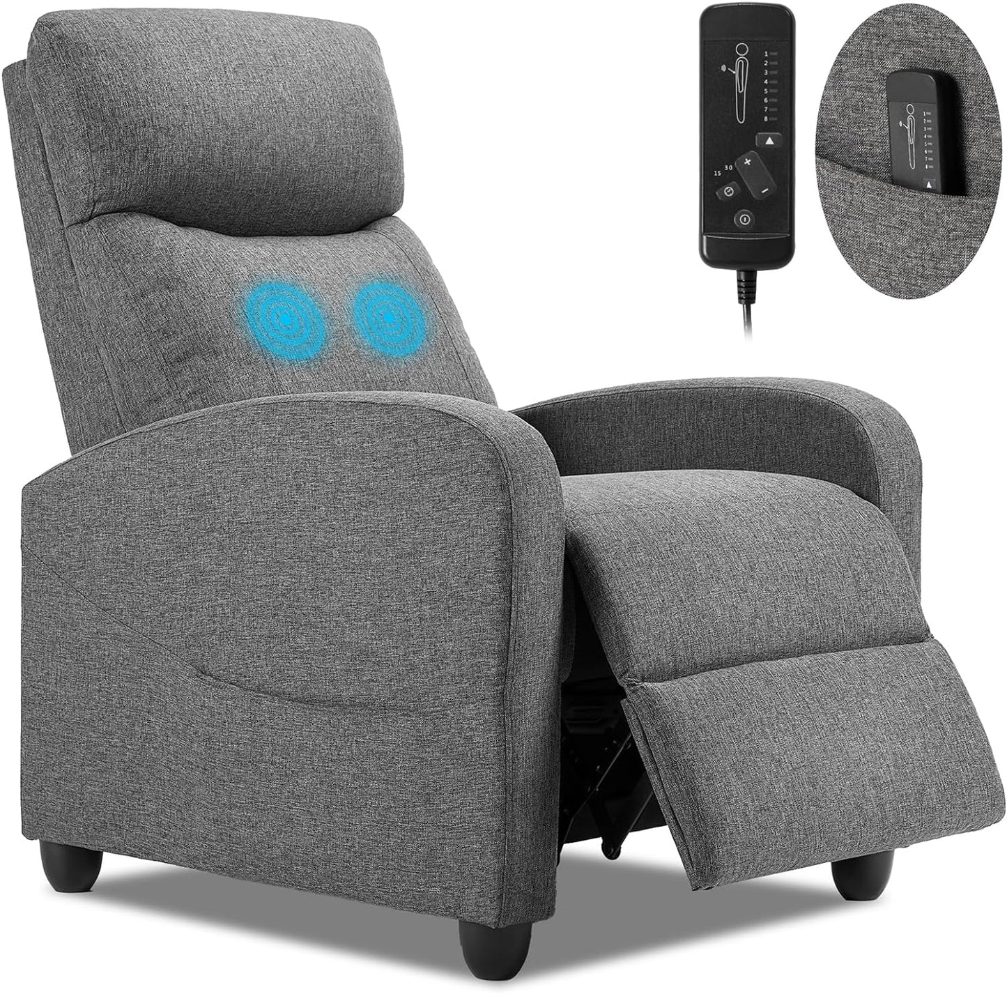 Recliner Chair Massage Reclining for Adults, Comfortable Fabric Recliner Sofa Adjustable Home Theater Seating Lounge with Padded Seat Backrest, Small Recliners for Living Room, Bedroom (Grey)
