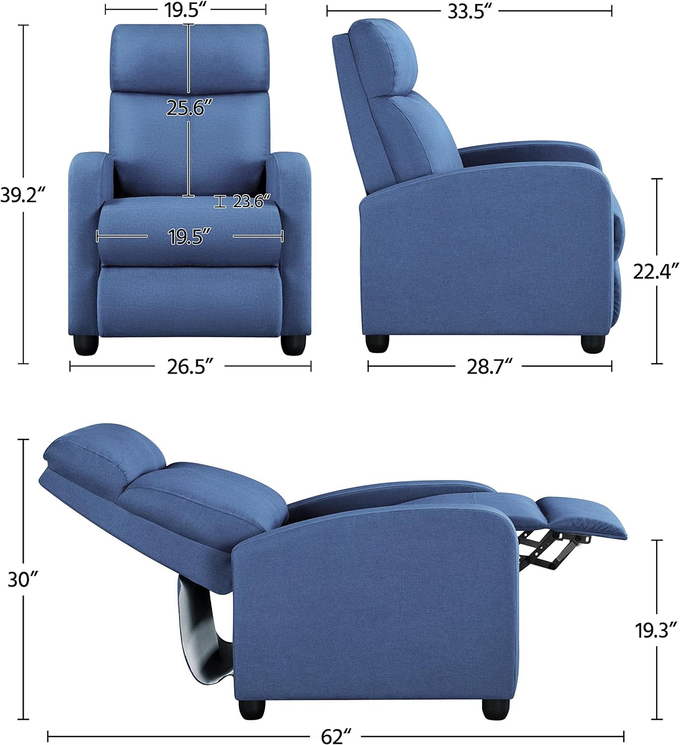 Fabric Recliner Chair Sofa Ergonomic Adjustable Single Sofa with Thicker Seat Cushion Modern Home Theater Seating for Living Room Light Blue