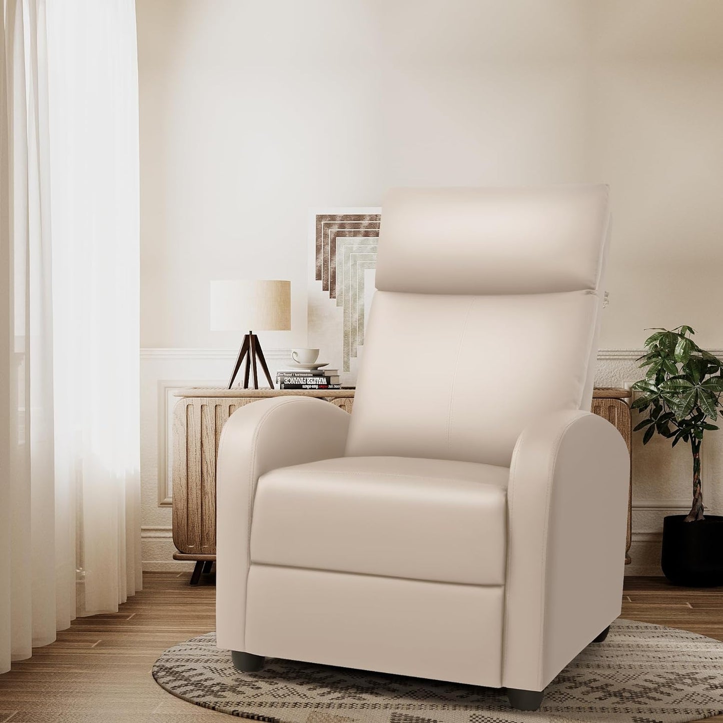 Rankok Recliner Chair Modern PU Leather Reclining Chair Ergonomic Adjustable Recliner for Living Room Home Theater Seating Single Sofa (Beige)