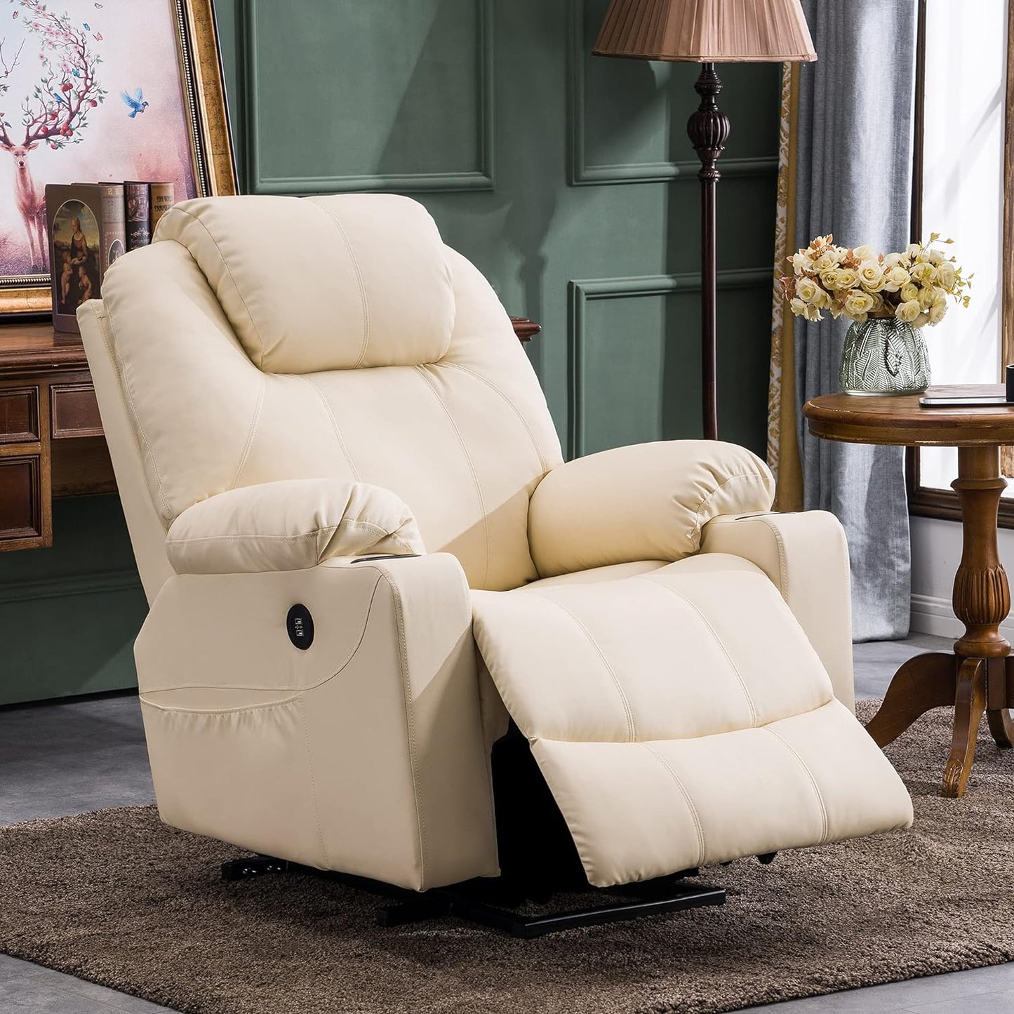 Electric Power Lift Recliner Chair Sofa with Massage and Heat for Elderly, 3 Positions, 2 Side Pockets, and Cup Holders, USB Ports, Faux Leather 7040 (Medium, Cream White)