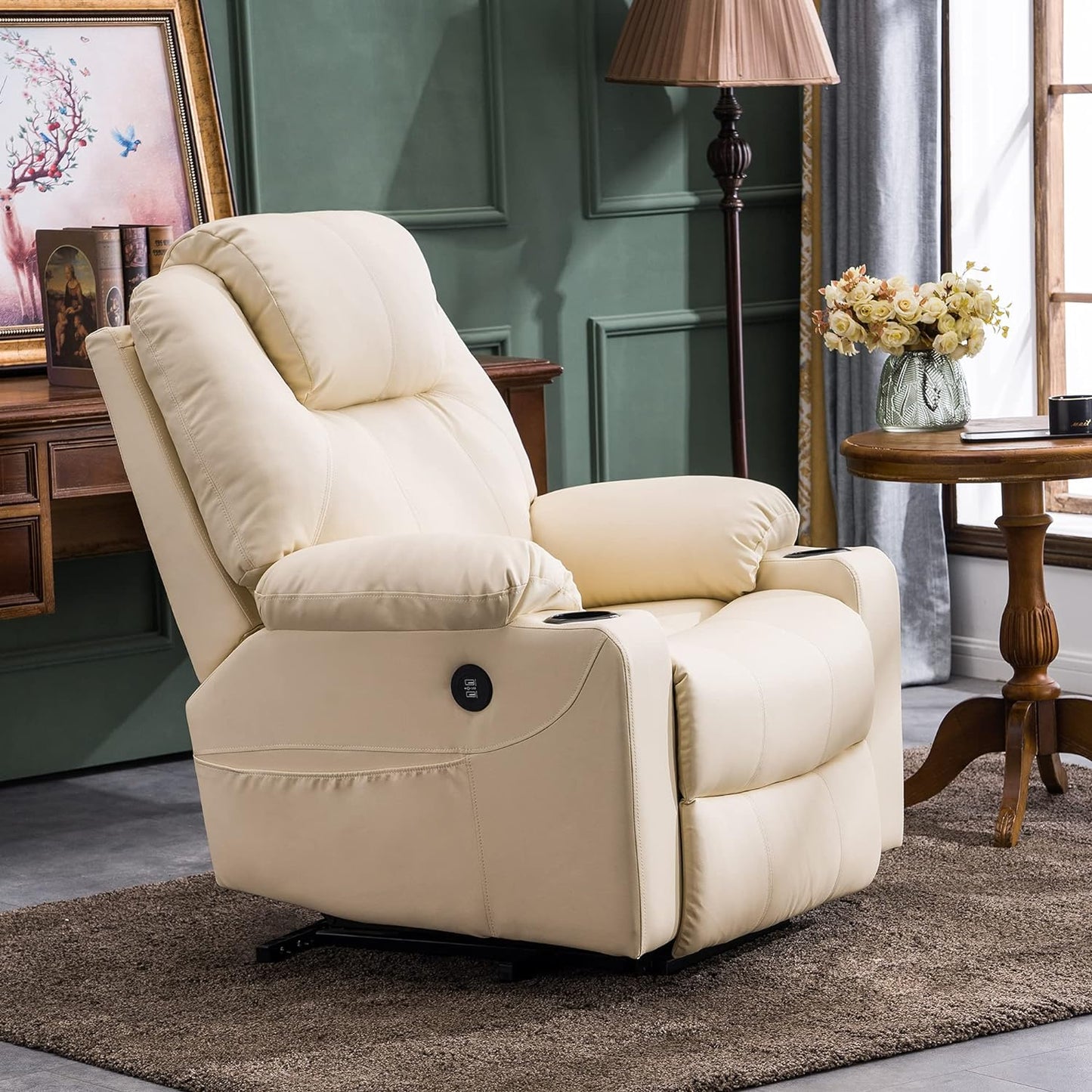 Electric Power Lift Recliner Chair Sofa with Massage and Heat for Elderly, 3 Positions, 2 Side Pockets, and Cup Holders, USB Ports, Faux Leather 7040 (Medium, Cream White)