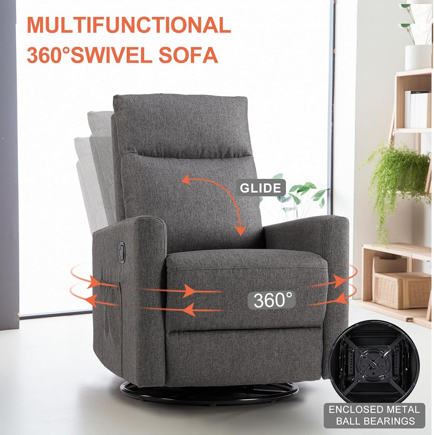 Swivel Rocking, Glider Rocker Recliner, Nursery Chair with Extra Large Footrest for Living Room, High Back, Upholstered Seat (Deep Gray)