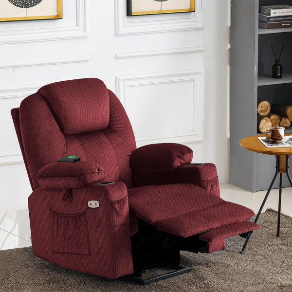 Medium Power Lift Recliner Chair Sofa with Massage and Heat for Elderly, 3 Positions, Cup Holders, and USB Ports, 2 Side Pockets, Fabric 7040 (Medium, Carmine Red)