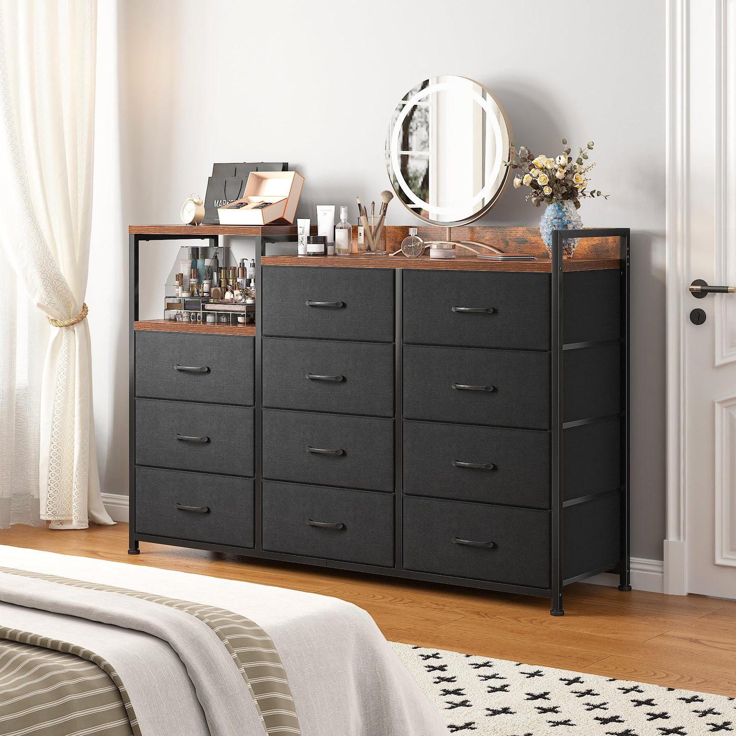 Hana Exports Dresser, Dresser for Bedroom with 11 Drawers, Dresser TV Stand with Shelves, Long Dressers & Chests of Drawers, Wide Dresser for Bedroom Dresser with Sturdy Metal Frame & Wood Top, Black