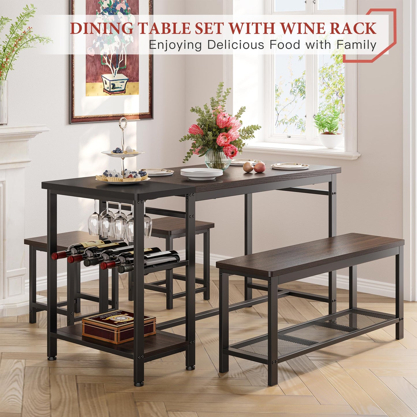 Hana Exports Dining Table Set for 4, Kitchen Table Set 4 Piece Dining Room Table Set with Wine Rack and Storage Shelf, Space-Saving Dinette Set for Small Space,Breakfast Nook, Espresso Brown