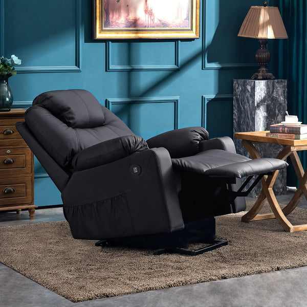 Electric Power Lift Recliner Chair Sofa with Massage and Heat for Elderly, 3 Positions, 2 Side Pockets, and Cup Holders, USB Ports, Faux Leather 7040 (Medium, Black)