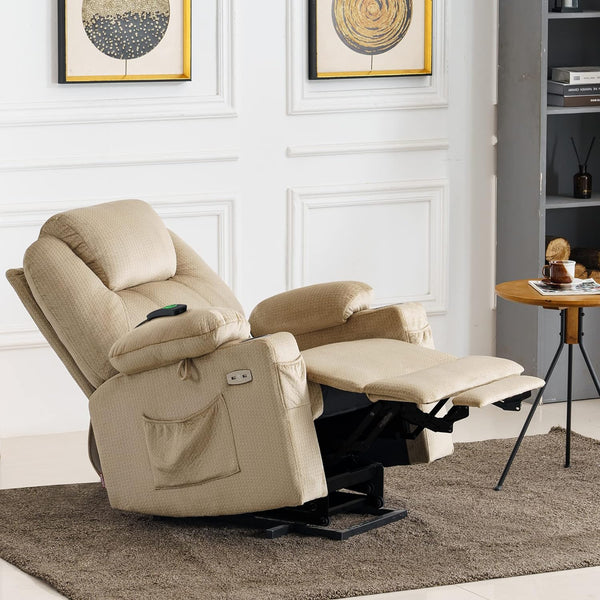 Medium Power Lift Recliner Chair Sofa with Massage and Heat for Elderly, 3 Positions, Cup Holders, and USB Ports, 2 Side Pockets, Fabric 7040 (Medium, Beige)