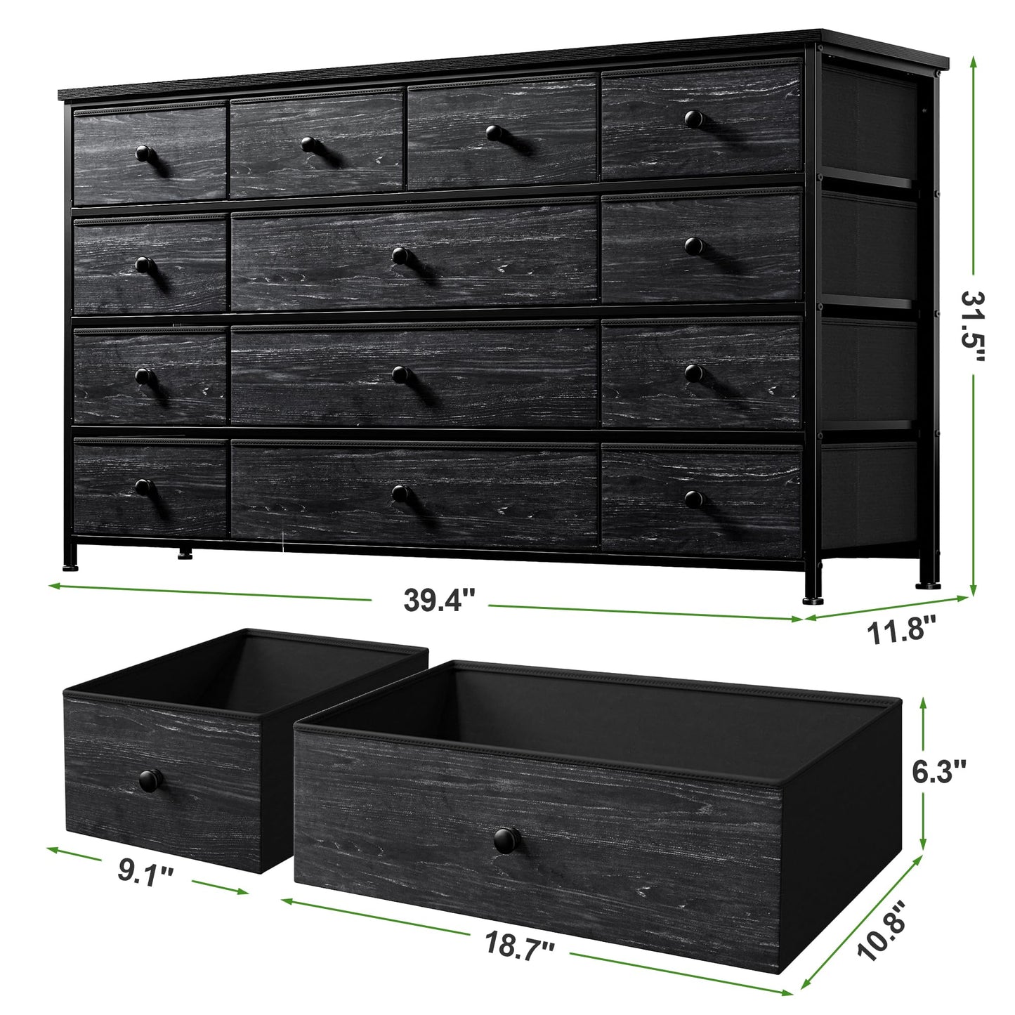 Hana Exports Dresser TV Stand for 55" TV with 13 Drawers, Wide Dresser for Bedroom, Large Dressers & Chest of Drawers for Bedroom Living Room Entryway, Sturdy Metal Frame, 39.4"Wx 31.5"H x 11.8"D,Dark Gray