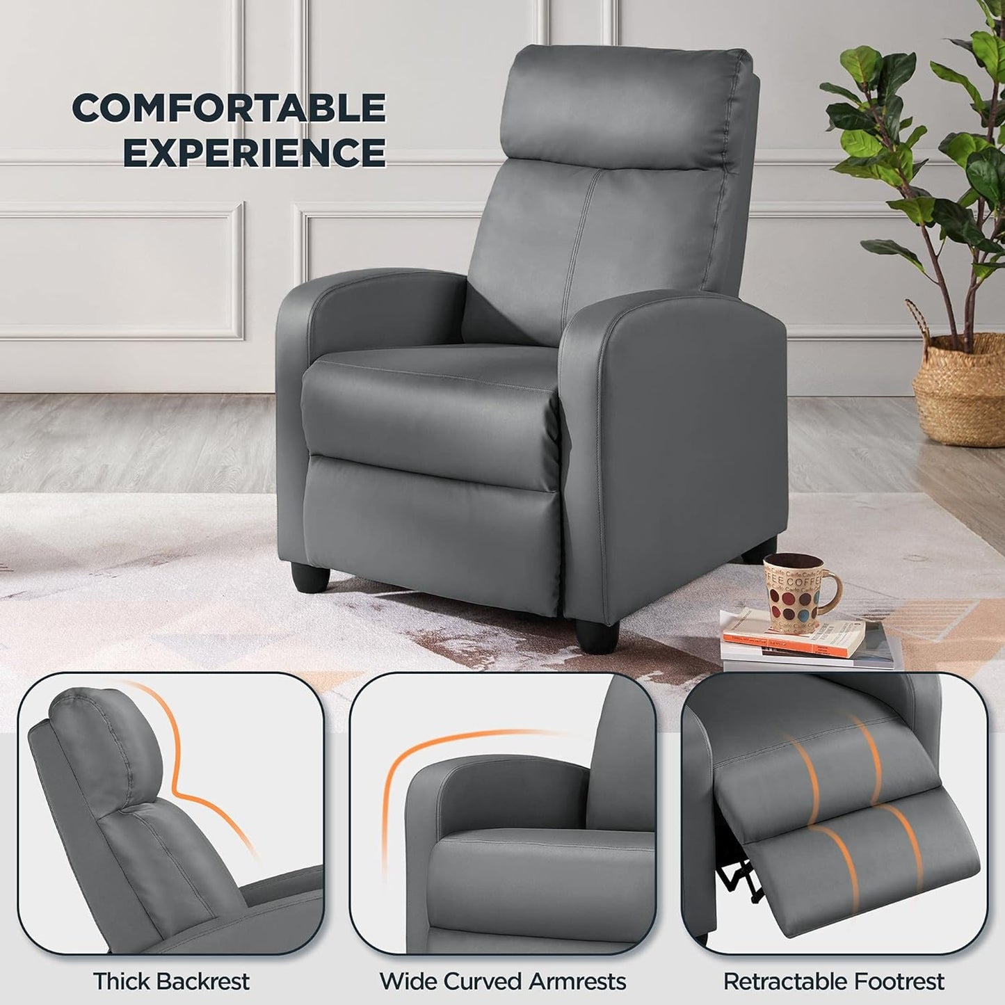 Recliner Chair PU Leather Recliner Sofa Home Theater Seating with Lumbar Support Overstuffed High-Density Sponge Push Silver Gray Recliners