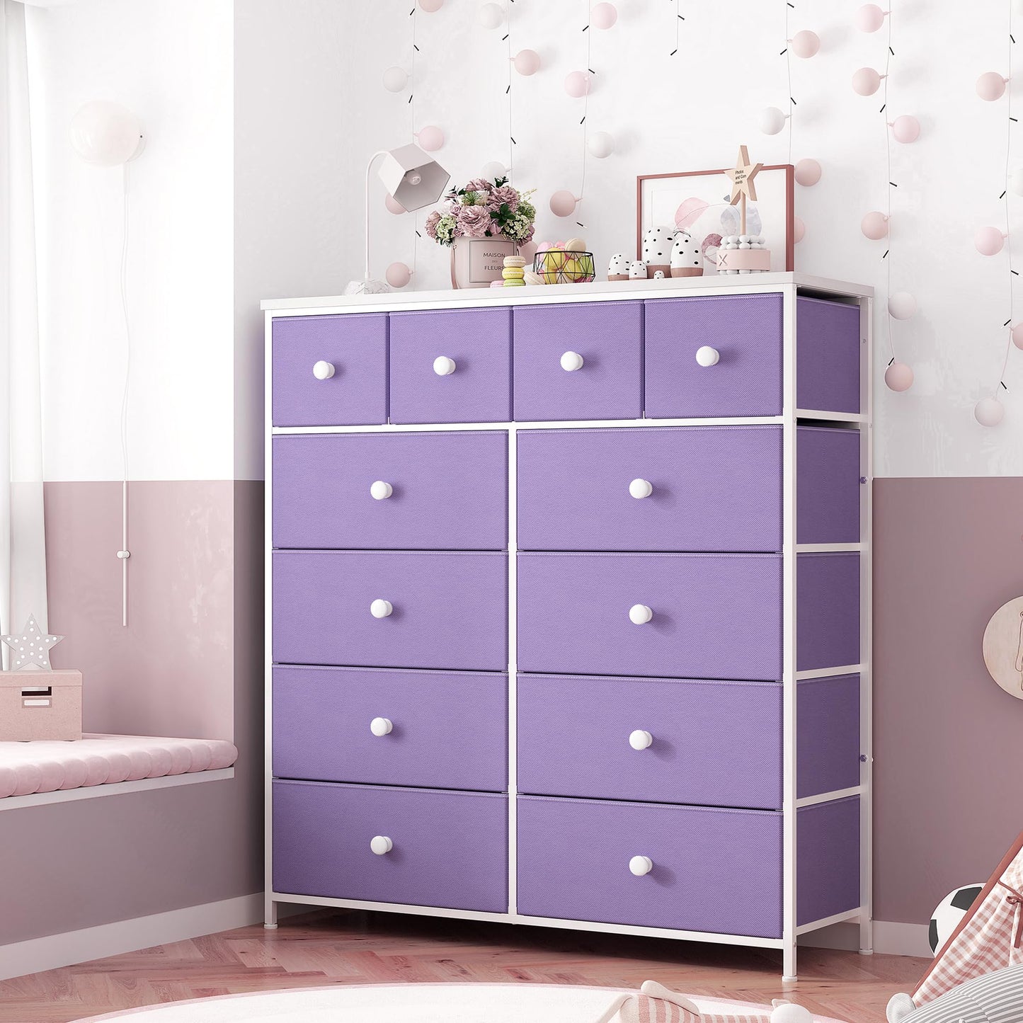 Hana Exports Pink Dresser for Girls Bedroom with 12 Drawers, Dresser for Bedroom with Sturdy Metal Frame and Wooden Top, Bedroom Dressers & Chests of Drawers for Bedroom, Nursery, Closet, Pink