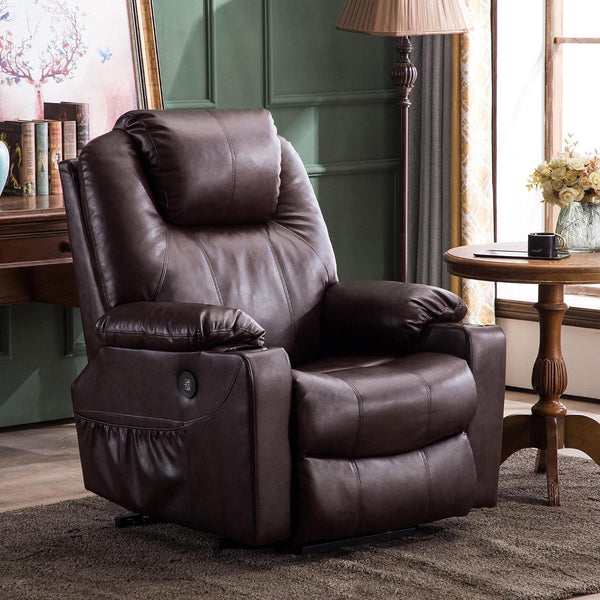 Electric Power Lift Recliner Chair Sofa with Massage and Heat for Elderly, 3 Positions, 2 Side Pockets, and Cup Holders, USB Ports, Faux Leather 7040 (Medium, Dark Brown)