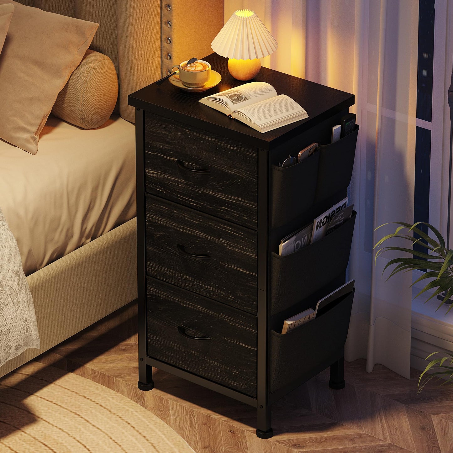Hana Exports Nightstand with 3 Drawers, Night Stand for Bedroom, Bedside Table with Wooden Top, Sturdy Steel Frame End Table, Small Dresser for Bedroom, Living Room, Black