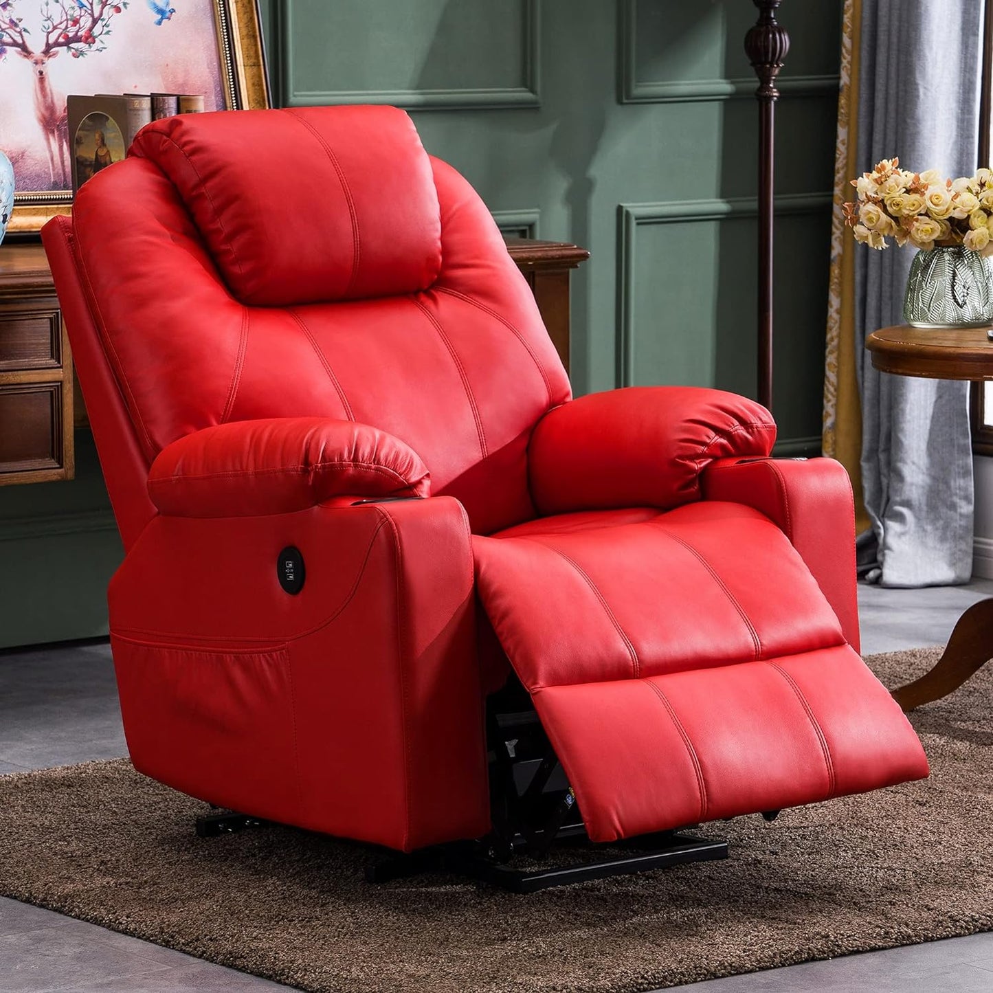 Electric Power Lift Recliner Chair Sofa with Massage and Heat for Elderly, 3 Positions, 2 Side Pockets, and Cup Holders, USB Ports, Faux Leather 7040 (Medium, Red)