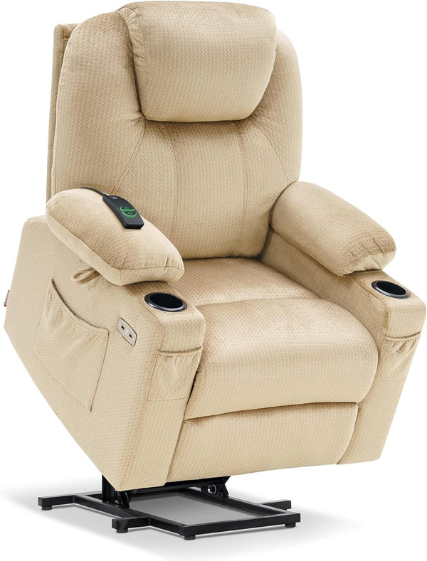 Medium Power Lift Recliner Chair Sofa with Massage and Heat for Elderly, 3 Positions, Cup Holders, and USB Ports, 2 Side Pockets, Fabric 7040 (Medium, Beige)