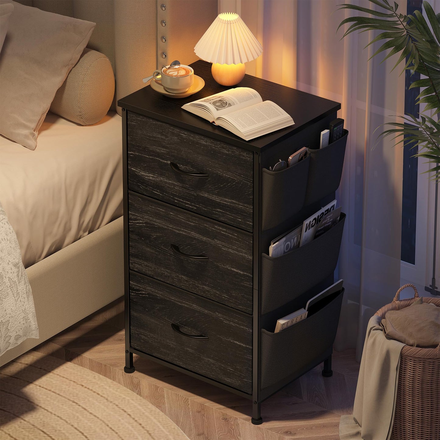 Hana Exports Nightstand with 3 Drawers, Night Stand for Bedroom, Bedside Table with Wooden Top, Sturdy Steel Frame End Table, Small Dresser for Bedroom, Living Room, Black