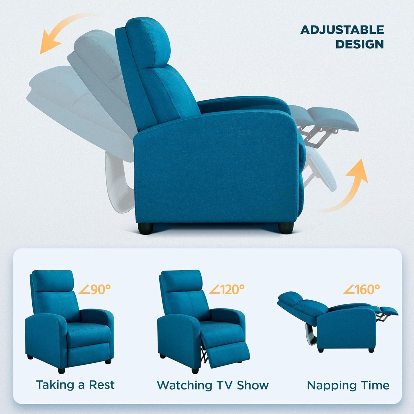 Fabric Recliner Sofa Modern Single Recliner Sofa Home Theater Seating with Thick Seat Cushion, Backrest and Pocket Spring, Blue