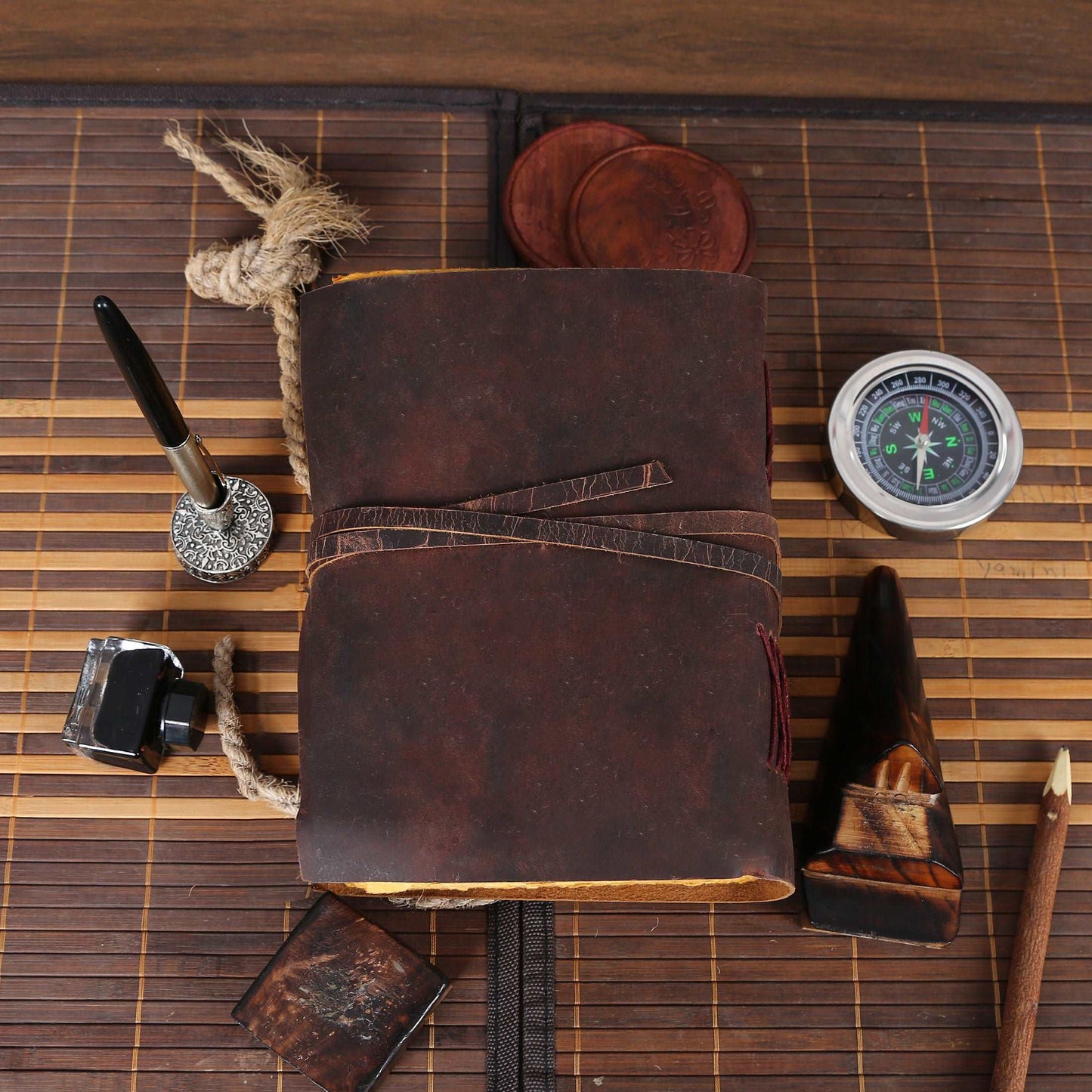 Vintage Leather Journal Notebook Sketchbook Deckle Edge Rustic Paper Gift For Men Women Antique Old Handmade Book Shadow