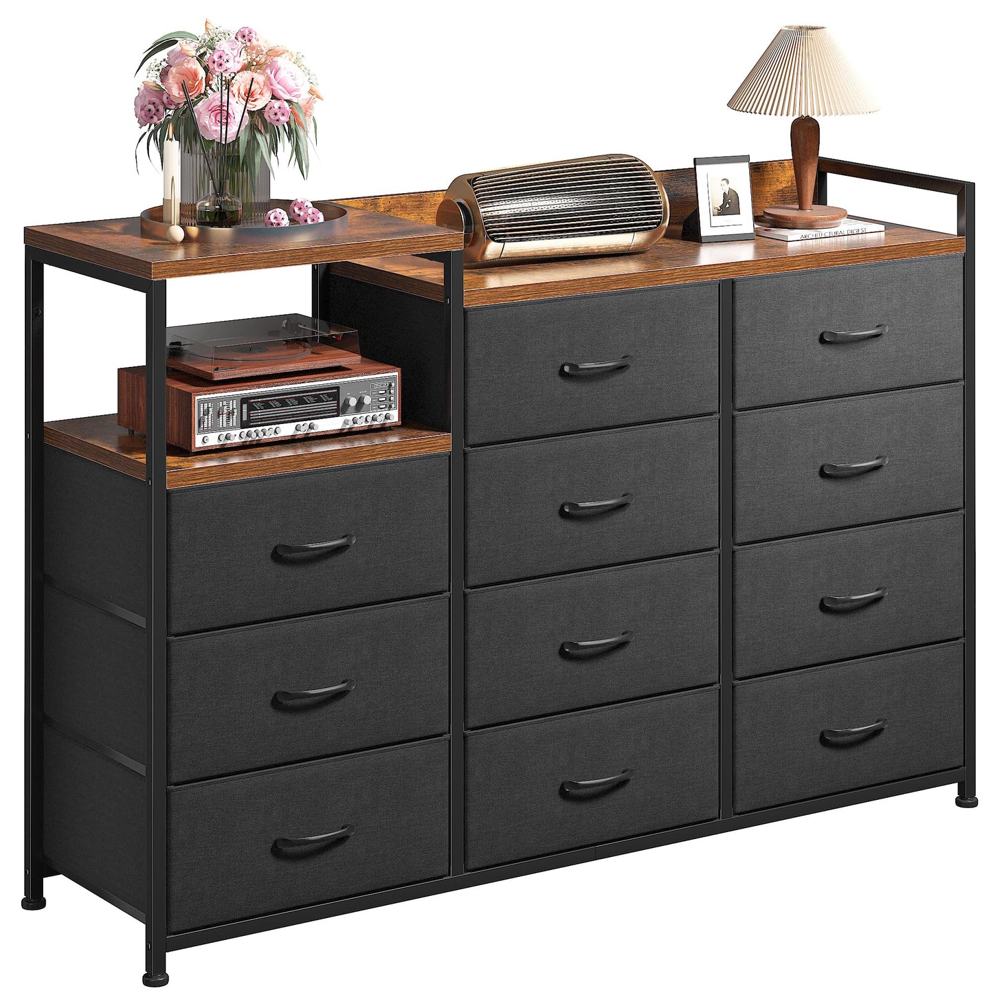 Hana Exports Dresser, Dresser for Bedroom with 11 Drawers, Dresser TV Stand with Shelves, Long Dressers & Chests of Drawers, Wide Dresser for Bedroom Dresser with Sturdy Metal Frame & Wood Top, Black