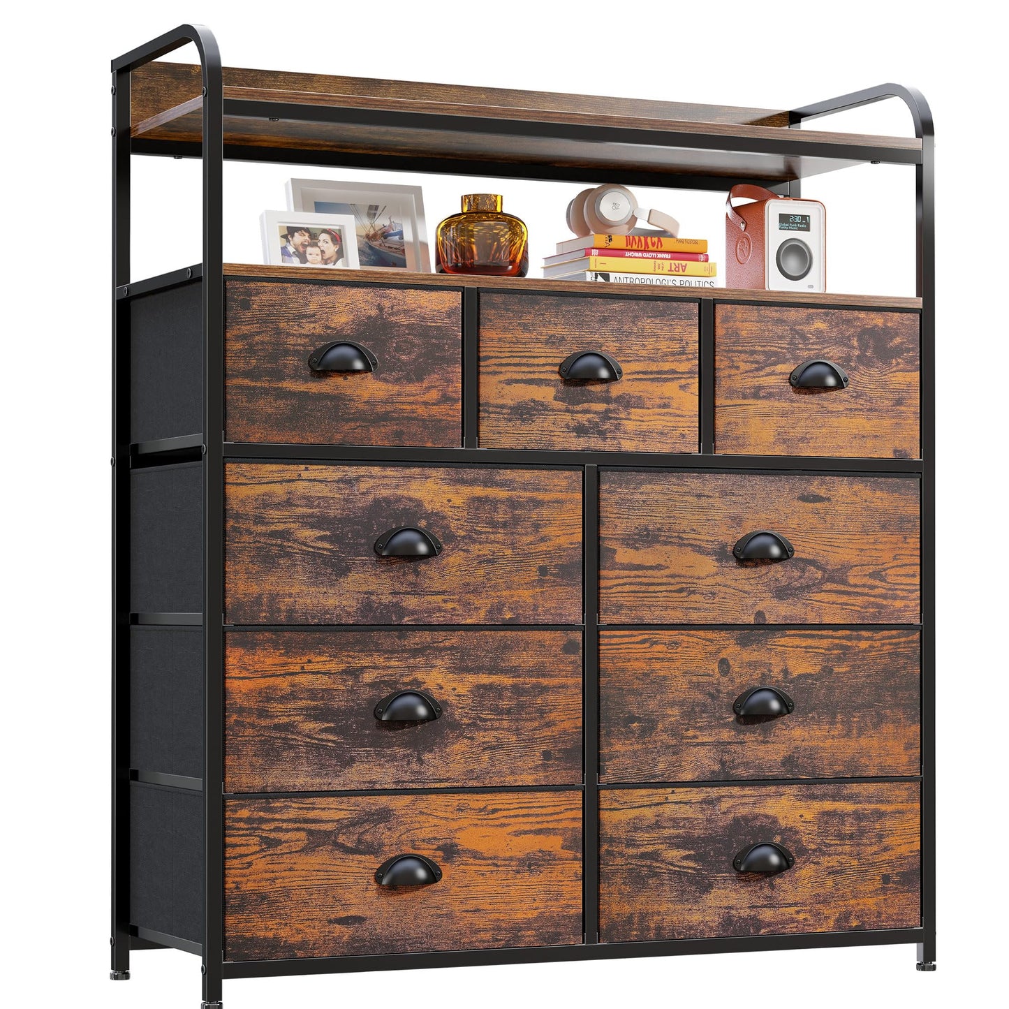 Hana Exports Dresser, Tall Dressers for Bedroom with 9 Drawers, Dressers & Chests of Drawers for Bedroom with 2 Open Shelves and Metal Frame, Large Tall Bedroom Dresser for Bedroom, Closet, Rustic Brown