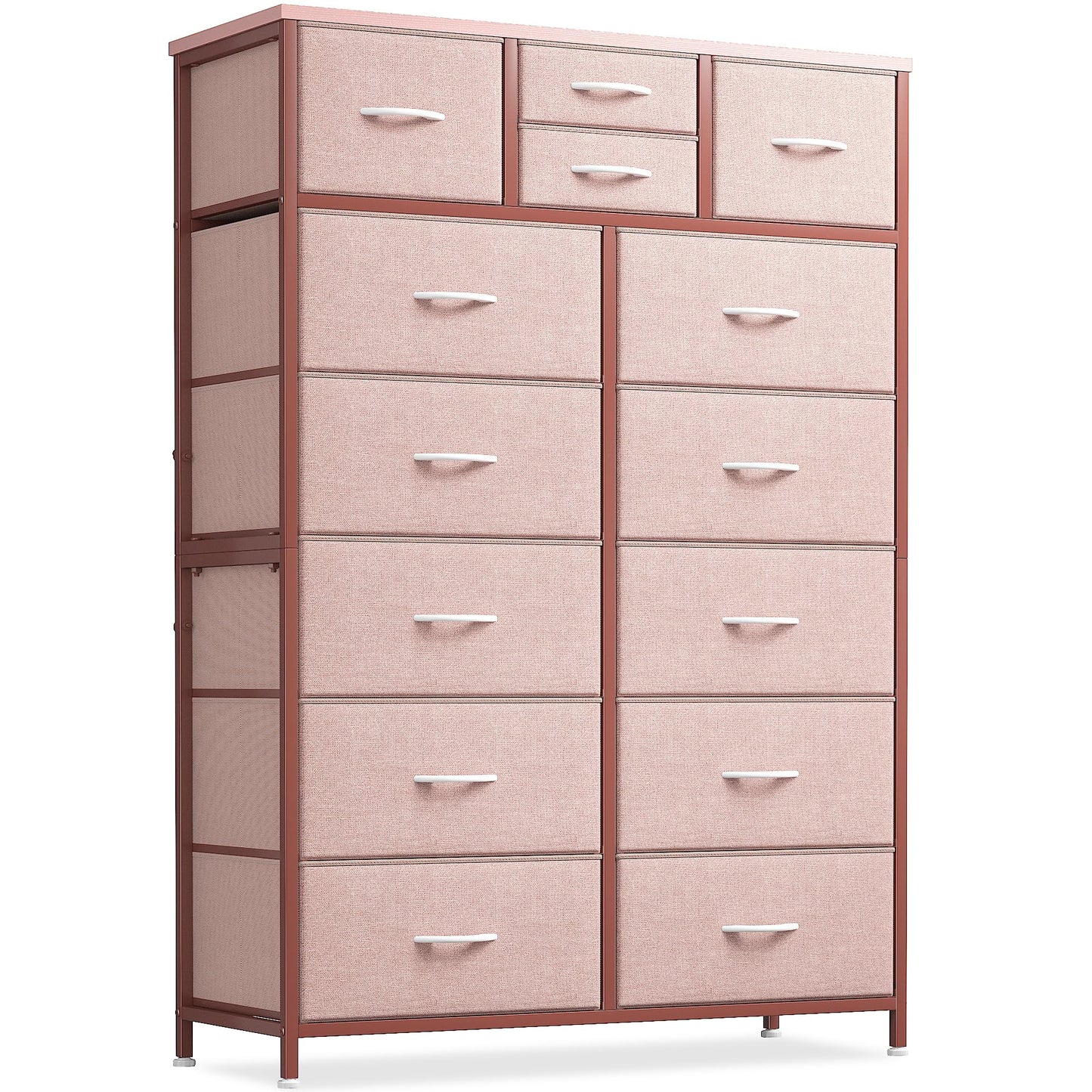 Hana Exports White Dresser for Bedroom with 14 Drawers, Tall Dressers for Bedroom with Wooden Top and Metal Frame, Large Fabric Bedroom Dressers & Chest of Drawers for Bedroom, Closet, Livingroom, White