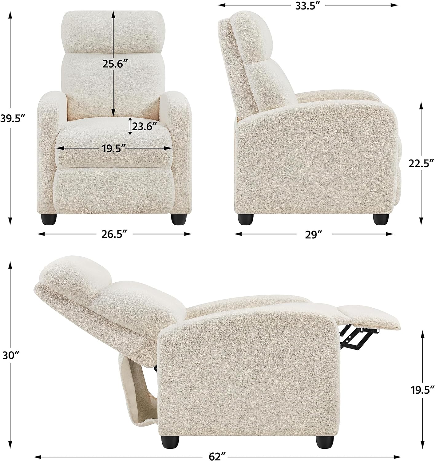 Fabric Recliner Chair Single Sofa Home Theater Seatting Adjustable Modern Single Reclining Living Room Bedroom Ivory