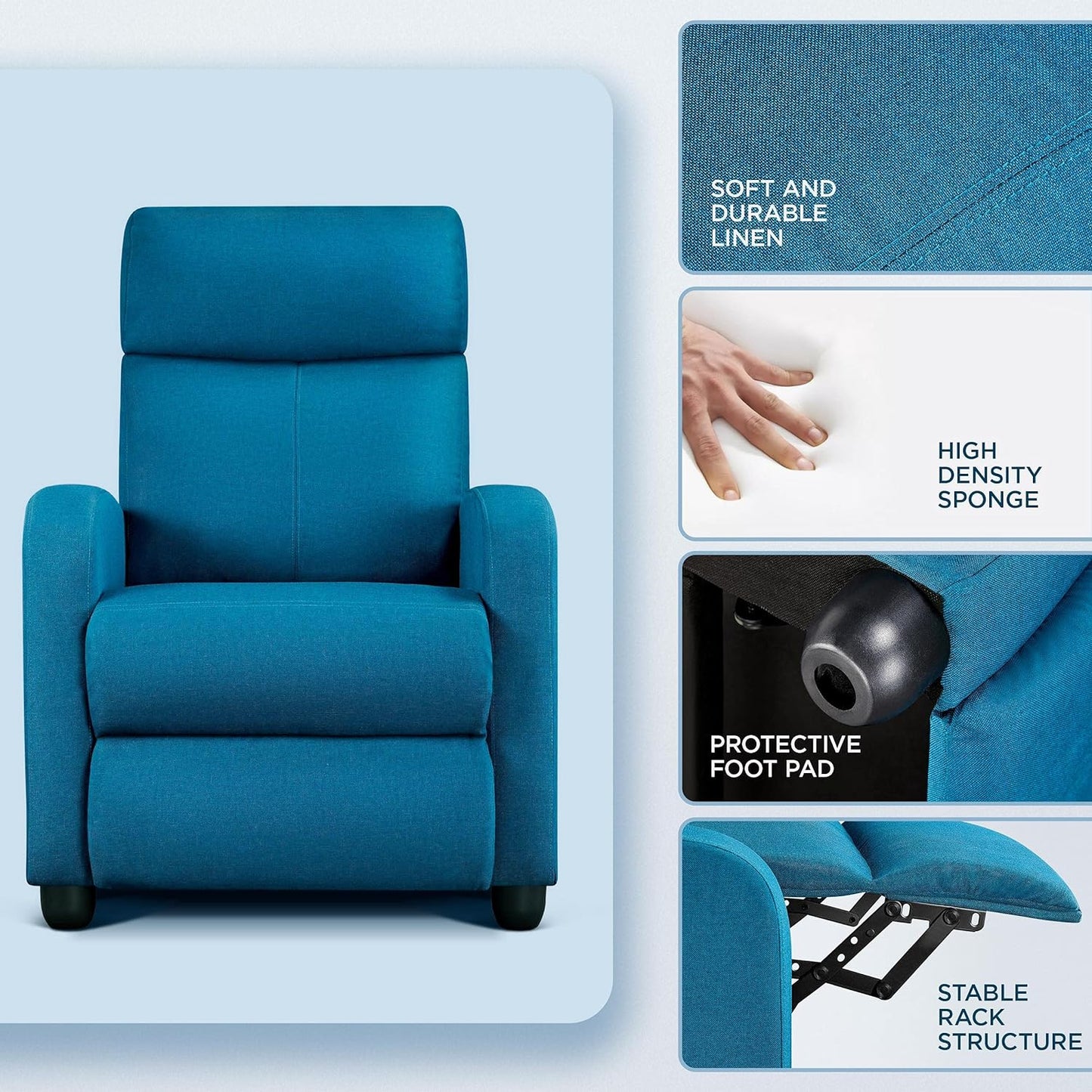 Fabric Recliner Sofa Modern Single Recliner Sofa Home Theater Seating with Thick Seat Cushion, Backrest and Pocket Spring, Blue