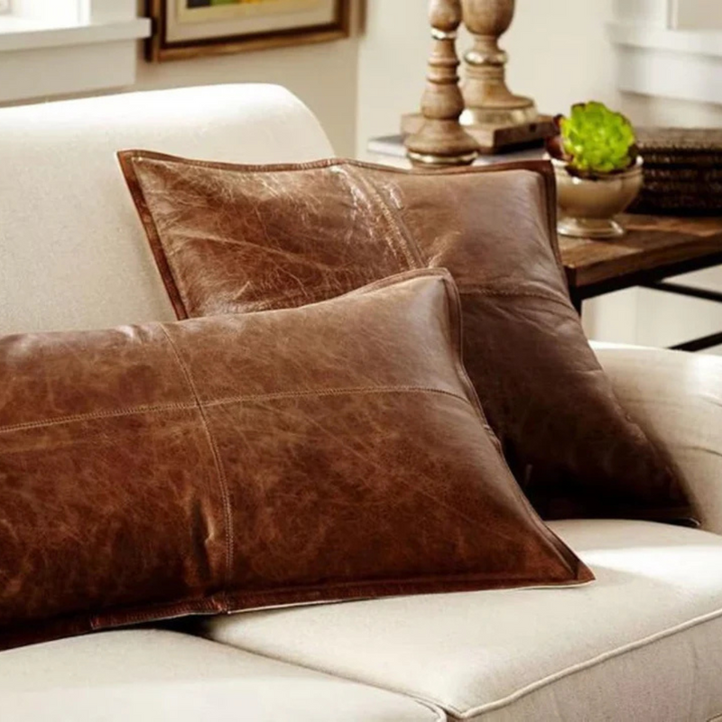 Handcrafted Brown Genuine Leather Pillow Cover – Premium Soft Leather Cushion Case for Rustic, Modern, and Luxury Home Decor – Perfect Accent for Living Room, Bedroom, or Office