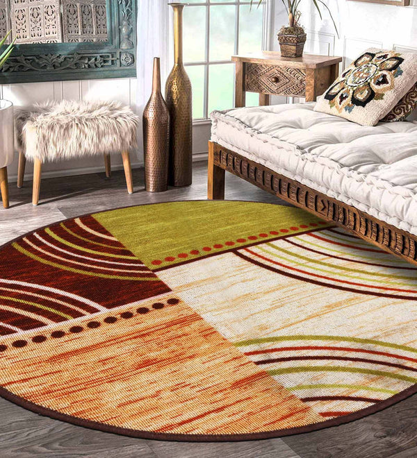 Cream Abstract Polyester 2.5 ft x 2.5 ft Hand Tufted Round Carpet