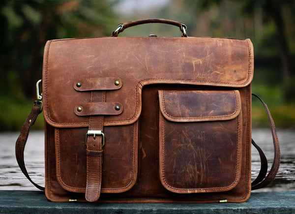 18 inch Large Retro full grain genuine Hunter Leather Laptop Messenger Bag, Leather Bag for Men