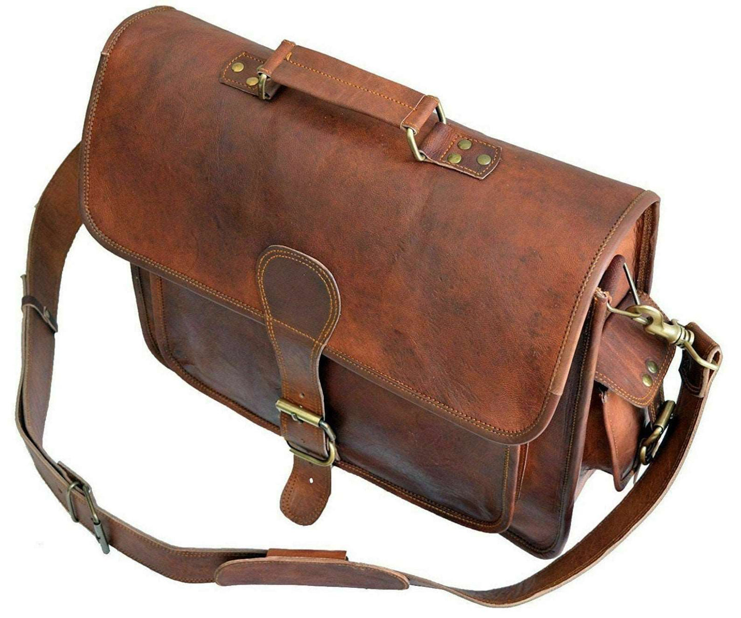 15” Mens Goat Leather Vintage Brown Messenger Bag Shoulder Laptop Bag Briefcase Unisex Handmade Rustic