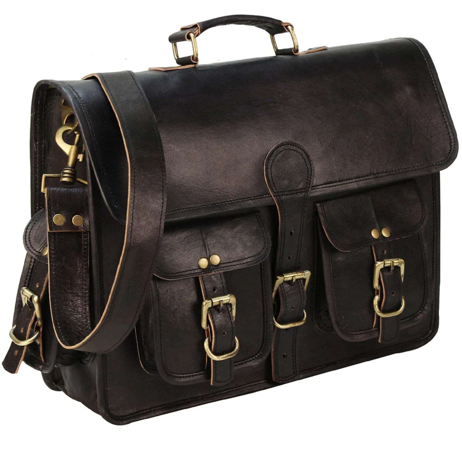 Black Leather Messenger Bag for Men and Women 18 Inch | Handmade Vintage Genuine Leather Laptop Bag for Men