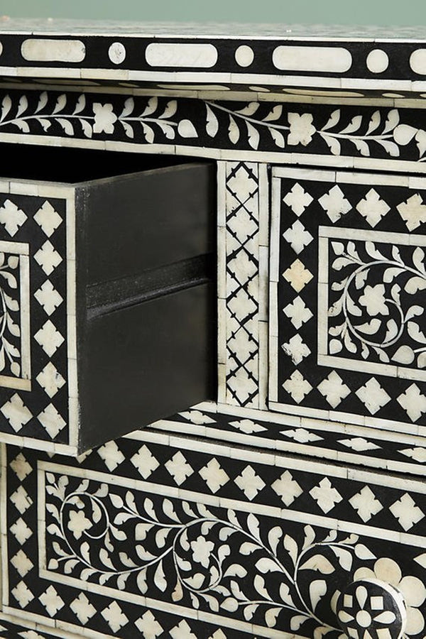 Black Bone Inlay 7 Drawer Floral Design Dresser / Chest free shipping