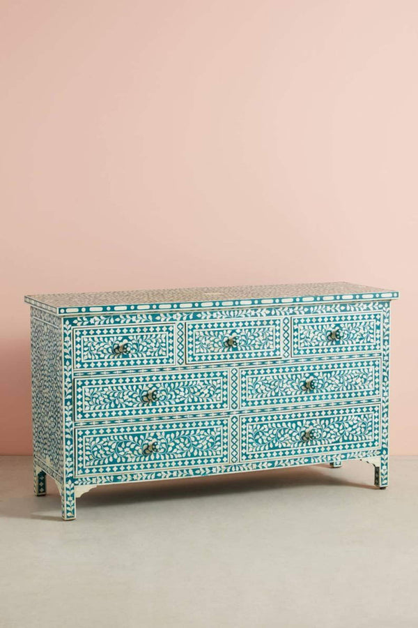 Teal Green Bone Inlay dresser Authentic Bone Inlay Chest of 7 Drawers Bone Inlay Commode Bone inlay furniture