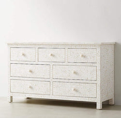 Bone Inlay Chest of 7 Drawers Handmade Floral Design in White, Dresser, Commode, handmade, furniture, bone inlay furniture