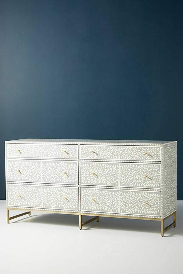 Bone Inlay Chest of 6 Drawers in Leaf Pattern in Grey, Bone Inlay Dresser, Bone Inlay Commode