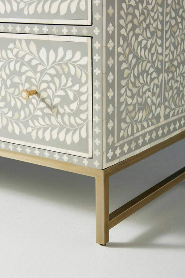 Bone Inlay Chest of 6 Drawers in Leaf Pattern in Grey, Bone Inlay Dresser, Bone Inlay Commode