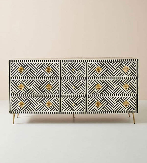 Bone Inlay Optical Design 9 Drawers Chest of Drawers Black, Bone Inlay Optical Design 9 Drawers Dresser Table, Storage Unit