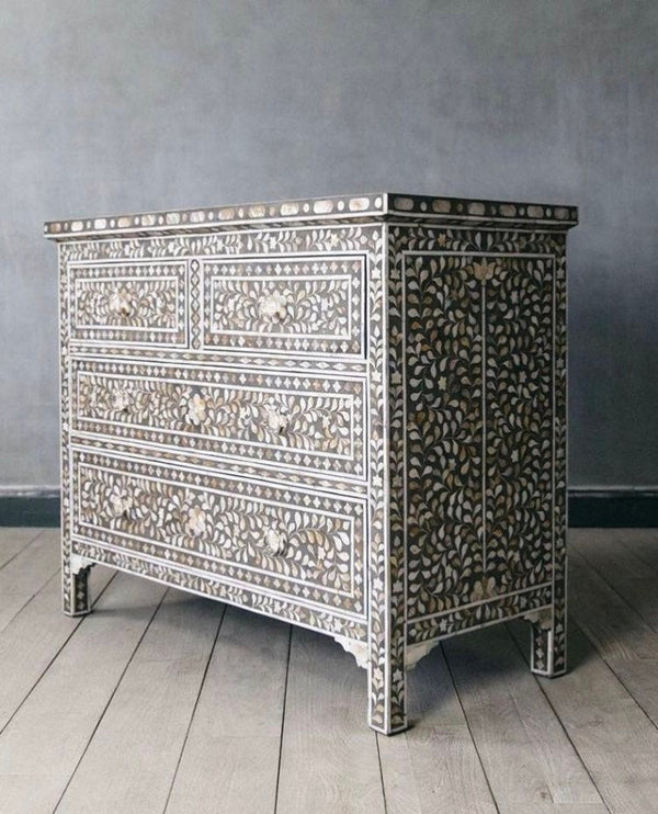 Mother of Pearl Inlay Chest of Drawers in Grey, Floral Design, Dresser, Commode, Inlaid Furniture, Handmade, Furniture