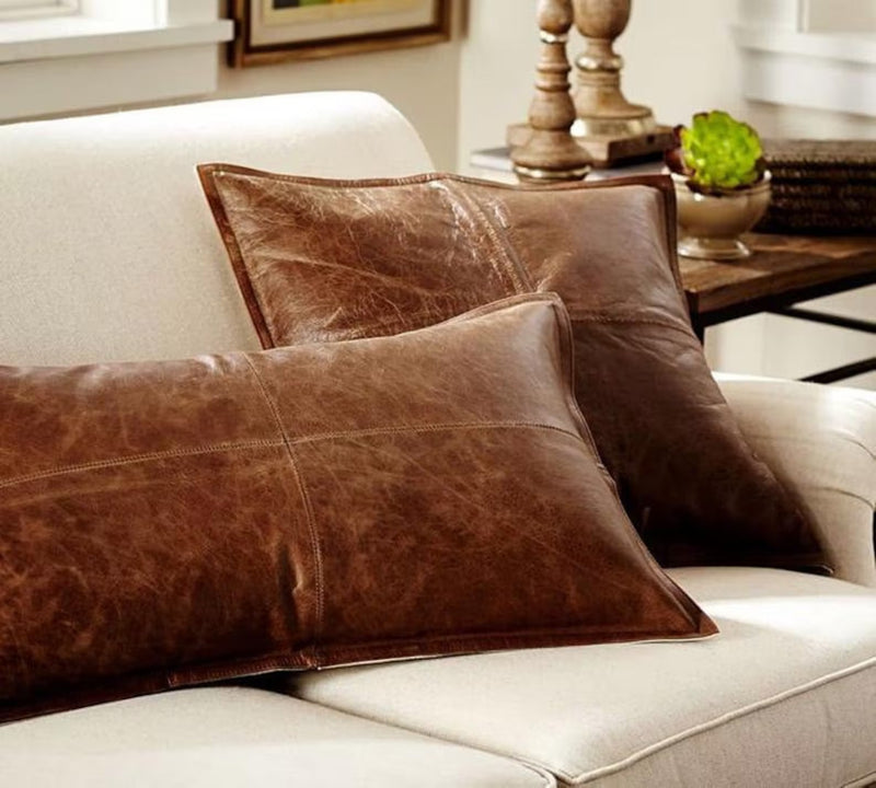 Handcrafted Brown Genuine Leather Pillow Cover – Premium Soft Leather Cushion Case for Rustic, Modern, and Luxury Home Decor – Perfect Accent for Living Room, Bedroom, or Office