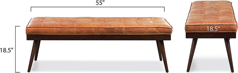 Wooden Bench with Full Grain Leather Upholstered Cushion