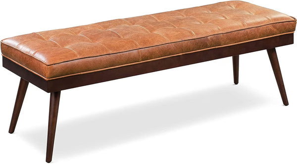 Wooden Bench with Full Grain Leather Upholstered Cushion