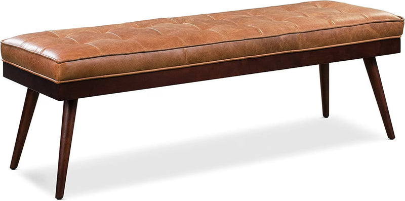 Wooden Bench with Full Grain Leather Upholstered Cushion