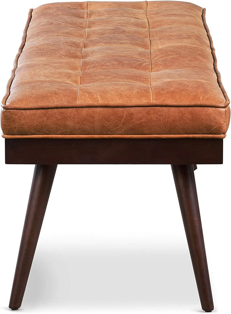 Wooden Bench with Full Grain Leather Upholstered Cushion