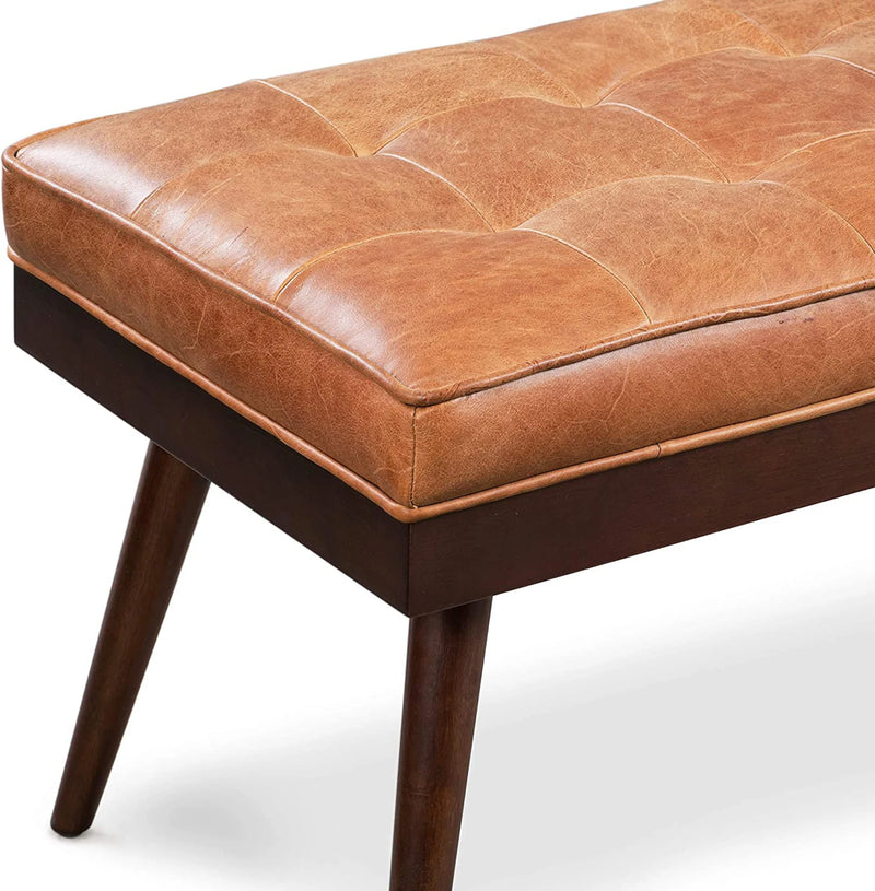 Wooden Bench with Full Grain Leather Upholstered Cushion